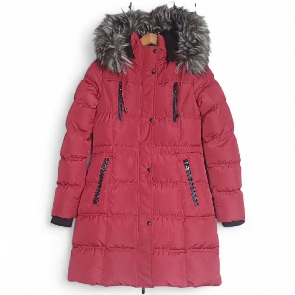Canadian Outdoors Womens Red Small Parka Long Puffer Coat Faux Fur Hood Jacket
